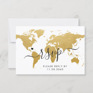 Gold World Map Travel Destination RSVP Card