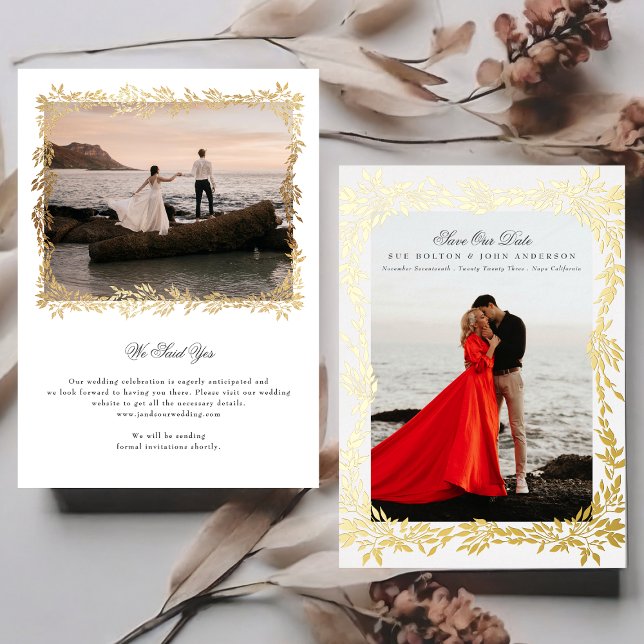 Gold Woven Leaf Frame Photo Wedding Save The Date (Creator Uploaded)
