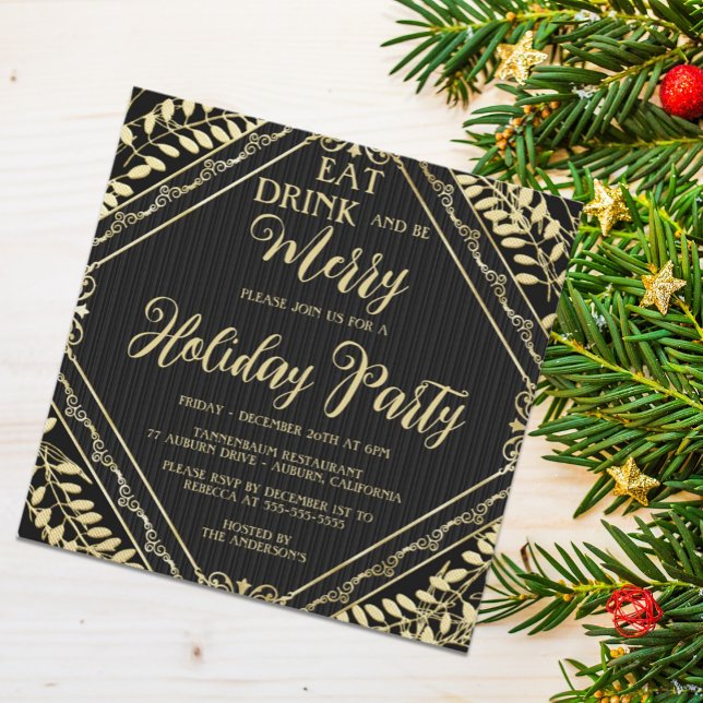 Gold Wreath and Black Holiday Party Invitation (Creator Uploaded)
