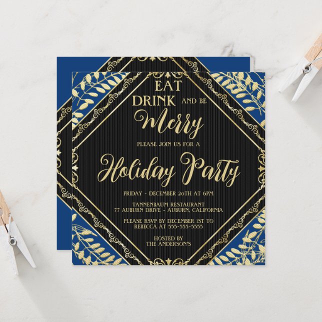 Gold Wreath and Blue Holiday Party Invitation (Front/Back In Situ)