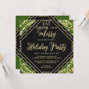 Gold Wreath and Green Holiday Party Invitation