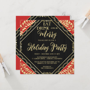 Gold Wreath and Red Holiday Party Invitation