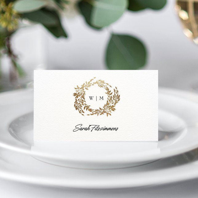 Gold Wreath Classic Monogram Wedding Place Card (Creator Uploaded)