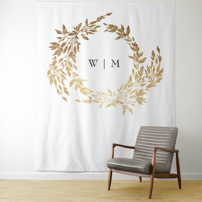 Gold Wreath Classic Monogram Wedding Tapestry (In Situ)