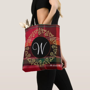 Gold Wreath Madras Plaid Monogram Decorative Tote Bag