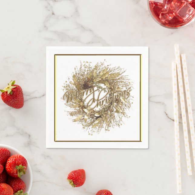 Gold Wreath Merry Christmas Paper Napkins (Insitu)