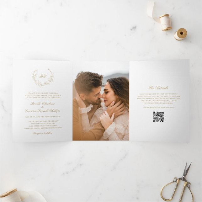 Gold Wreath Monogram QR Code Elegant Wedding Tri-Fold Invitation (Inside)
