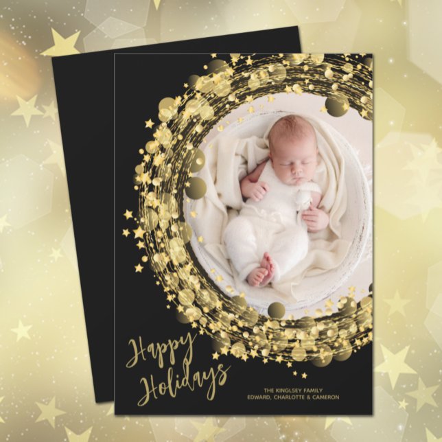 Gold Wreath on Black Happy Holiday Card (Creator Uploaded)