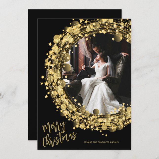Gold Wreath on Black Merry Christmas Holiday Card (Front/Back)