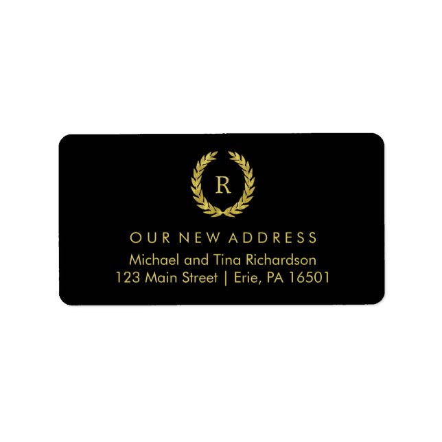 Gold Wreath on Black with Monogram New Address Label (Front)