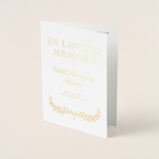 Gold Wreaths Elegant Funeral Program Foil Card (Front)