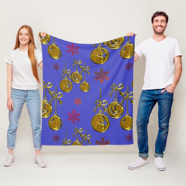 Gold Xmas Baubles and Snowflakes Blue Christmas Fleece Blanket (In Situ)