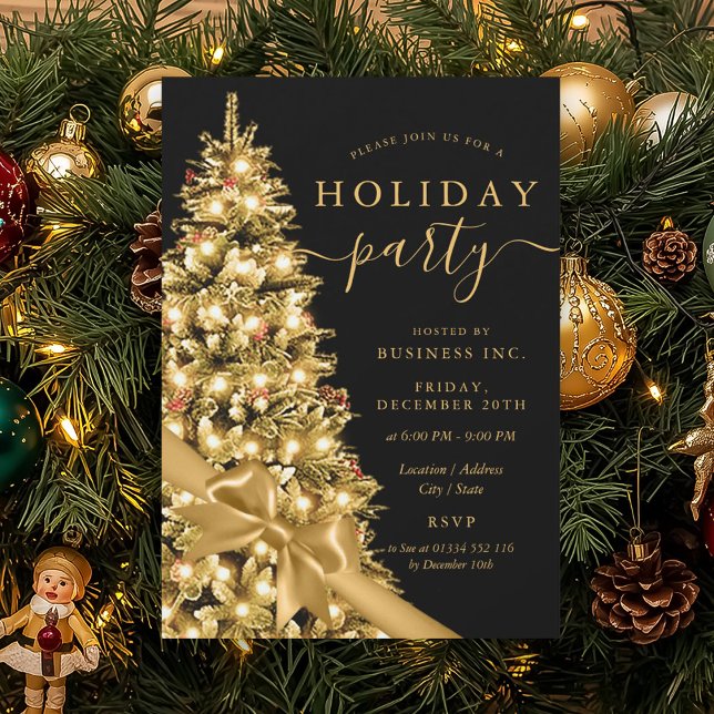 Gold Xmas Tree Bow Corporate Holiday Party  Invitation (Gold Xmas Tree Bow Corporate Holiday Party Invitation)