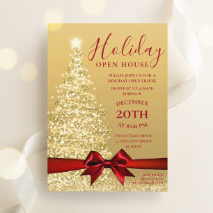 Gold Xmas Tree Christmas Holiday Open House  Invitation