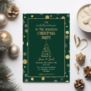Gold Xmas Tree&Ornaments Emerald Green Christmas Invitation