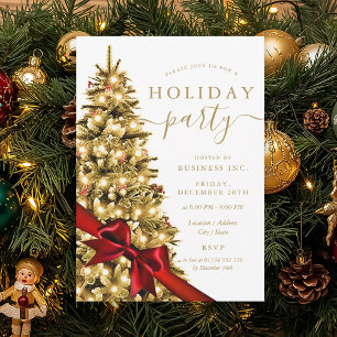 Gold Xmas Tree Red Bow Corporate Holiday Party Invitation