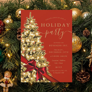 Gold Xmas Tree Red Bow Corporate Holiday Red Invitation