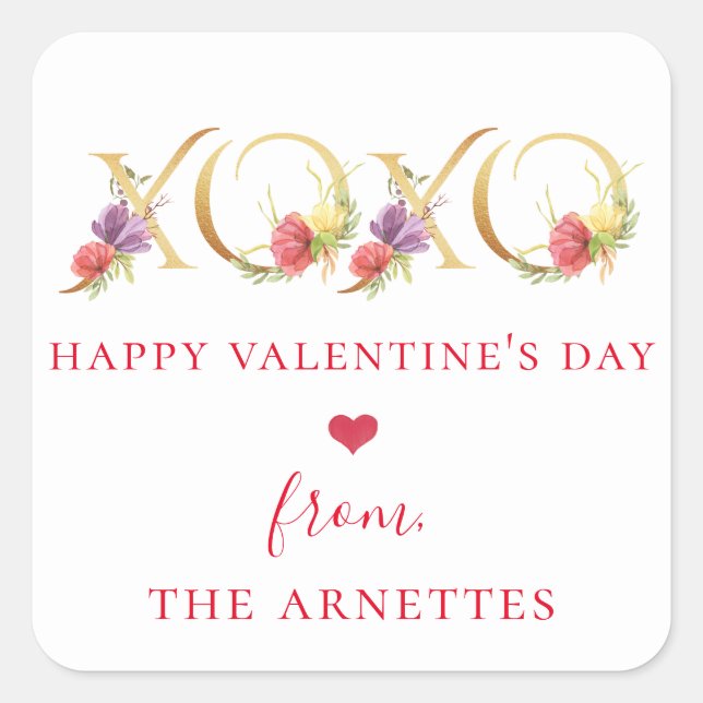 Gold XOXO Floral Valentine's Day Square Sticker (Front)
