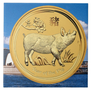 GOLD YEAR OF THE PIG COIN CERAMIC TILE