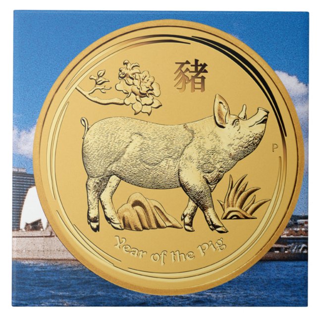 GOLD YEAR OF THE PIG COIN CERAMIC TILE (Front)