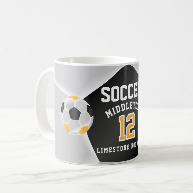 Gold Yellow, Black and White ⚽ Soccer Sport Coffee Mug (Front Left)