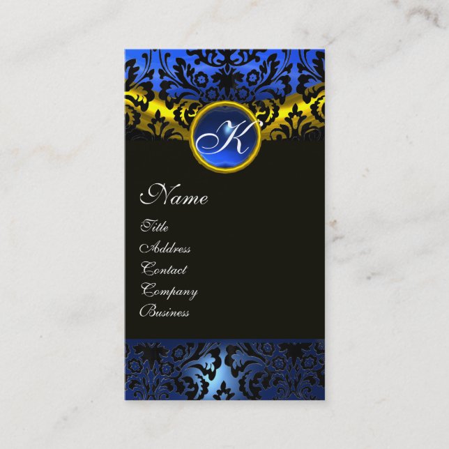 GOLD YELLOW BLACK BLUE SAPPHIRE DAMASK MONOGRAM BUSINESS CARD (Front)