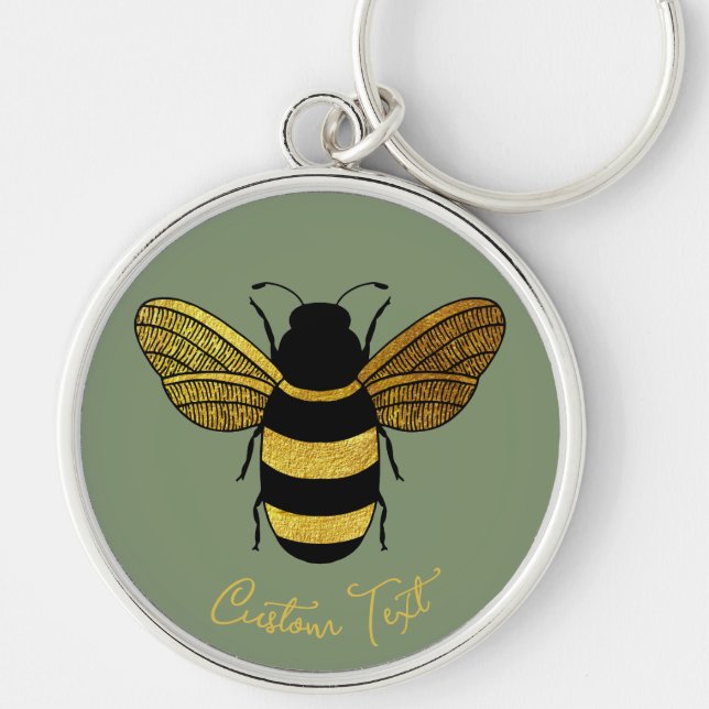 GOLD YELLOW BLACK BUMBLEBEE CALLIGRAPHY TEXT BEE KEY RING (Front)