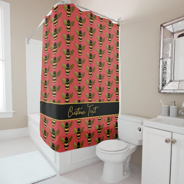 GOLD YELLOW BLACK BUMBLEBEE PATTERN TEXT BEE RED SHOWER CURTAIN (In Situ)