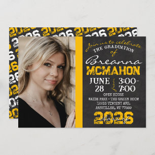 Gold Yellow & Black Chalkboard Graduation Photo Invitation