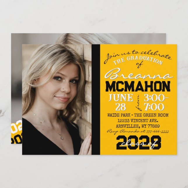 Gold Yellow & Black Graduation 2 Photo Invitation (Front/Back)