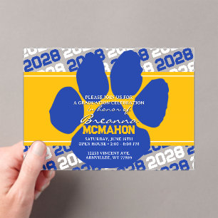 Gold Yellow & Blue  Graduation Pawprint Frosted Acrylic Invitations