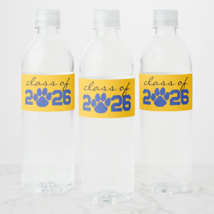 Gold Yellow & Blue Paw Print Graduation Water Bottle Label