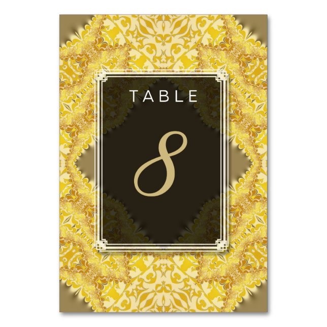 Gold Yellow Damask Wedding Menu+Table Number Card (Front)