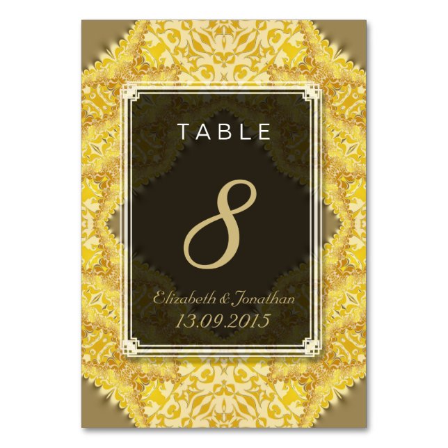 Gold Yellow Damask Wedding Table Number Card (Front)