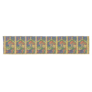 GOLD YELLOW FLORAL, NATIVITY CHRISTMAS PARCHMENT SHORT TABLE RUNNER