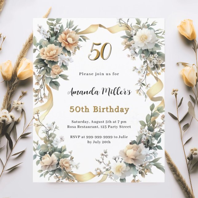 Gold yellow florals ribbon birthday invitation (Creator Uploaded)