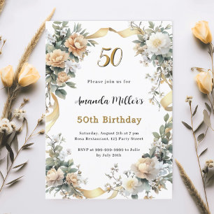 Gold yellow florals ribbon luxury birthday invitation