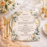 Gold yellow florals ribbon wedding menu card<br><div class="desc">Elegant Floral Dinner Menu for Birthday, Wedding or Special Events Create a beautiful and coordinated table setting with this elegant floral dinner menu. Featuring soft peach and ivory tones with delicate watercolor flowers and greenery, this menu design perfectly matches the invitation suite for a refined and stylish celebration. Ideal for...</div>