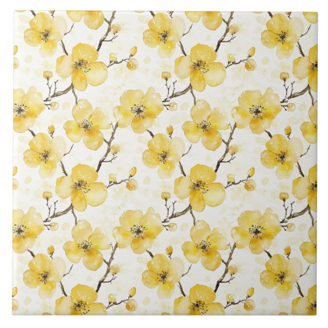 Gold Yellow Flowers  Ceramic Tile (Front)