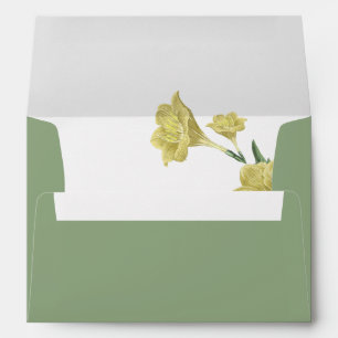 gold yellow flowers sage green wedding envelope