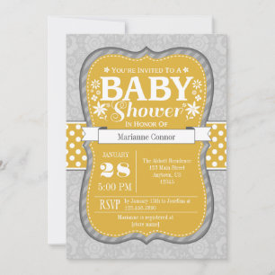 Gold Yellow Grey Floral Flower Baby Shower Invite