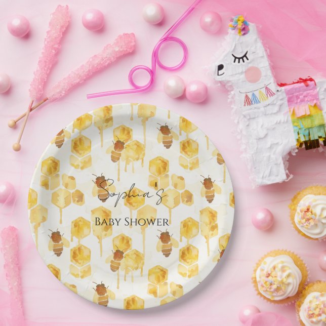 Gold Yellow Honey Bees Baby Shower Paper Plate (Party)