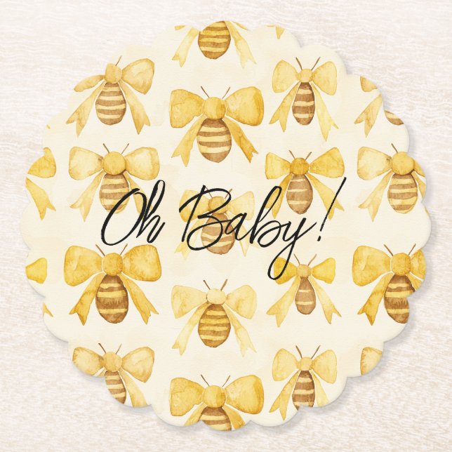 Gold Yellow Honey Bees Bows Baby Shower Paper Coaster (Front)