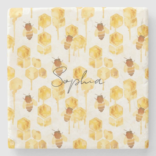 Gold Yellow Honey Bees  Stone Coaster (Front)