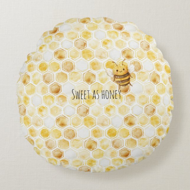 Gold Yellow Honeycomb Sweet Cute Honey Bee Round Cushion (Front)