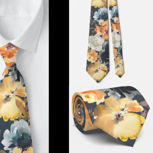 Gold Yellow Navy Blue Roses Floral Neck Tie