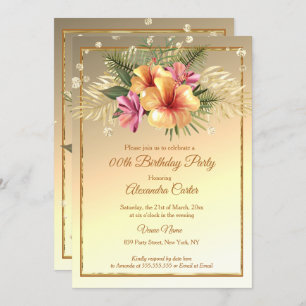 Gold yellow Pink Sepia Hibiscus Birthday Party Invitation