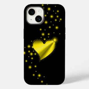 Gold yellow Rainbow Heart with Stars on black Case-Mate iPhone 14 Case