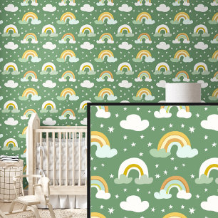 Gold Yellow Rainbows, Clouds & Stars on Green Wallpaper