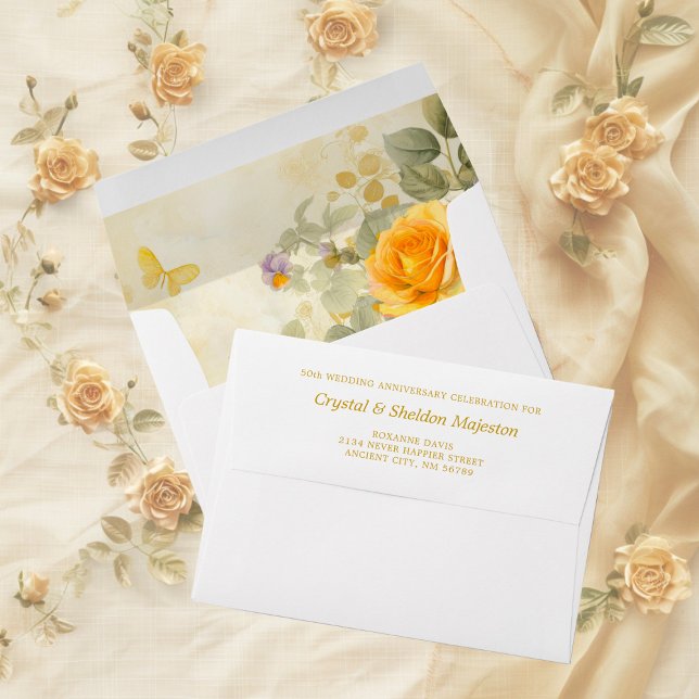 Gold Yellow Rose 50 Wedding Anniversary Invitation Envelope (Gold Yellow Roses 50th Wedding Anniversary Invitation Envelope)